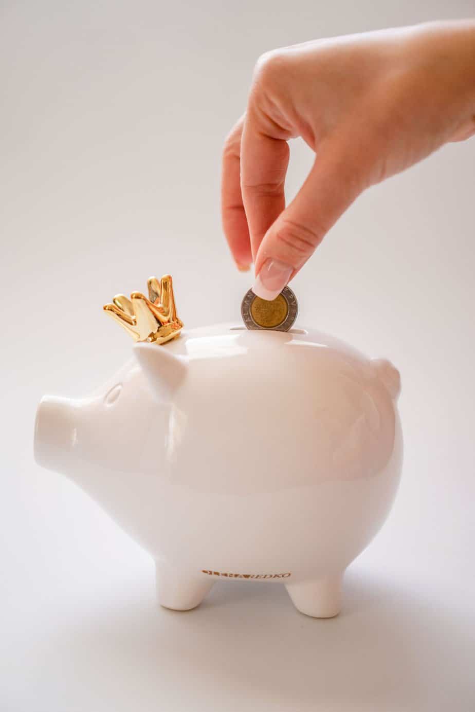 extreme frugality: a hand putting a coin into a piggy bank