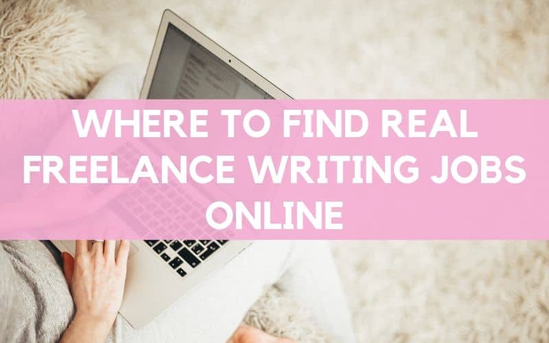 Woman on laptop sitting on white fluffy rug, image overlaid with text: "where to find real freelance writing jobs online."