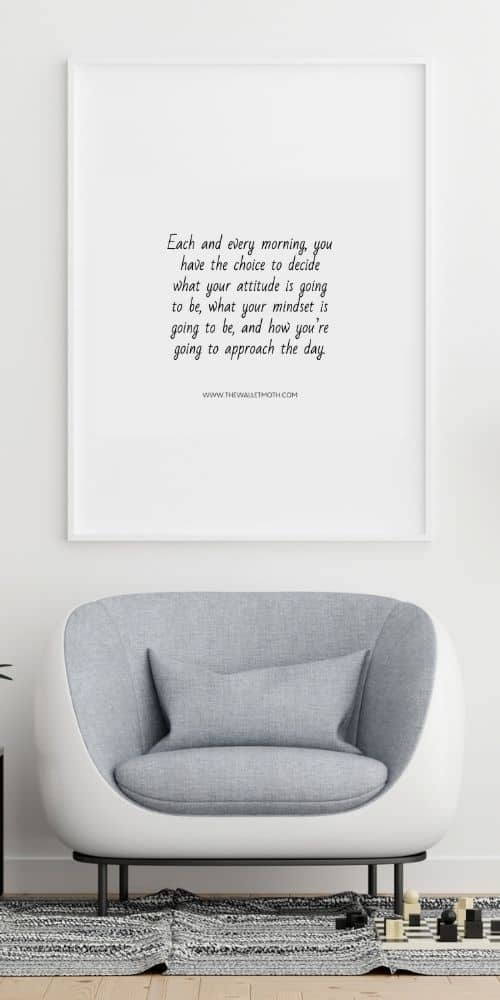 Art print with a frugal living quote on it and a grey chair in front. - a great things to make and sell from home.