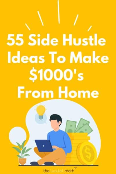 Yellow background with text saying "55 side hustle ideas to make $1000's from home"