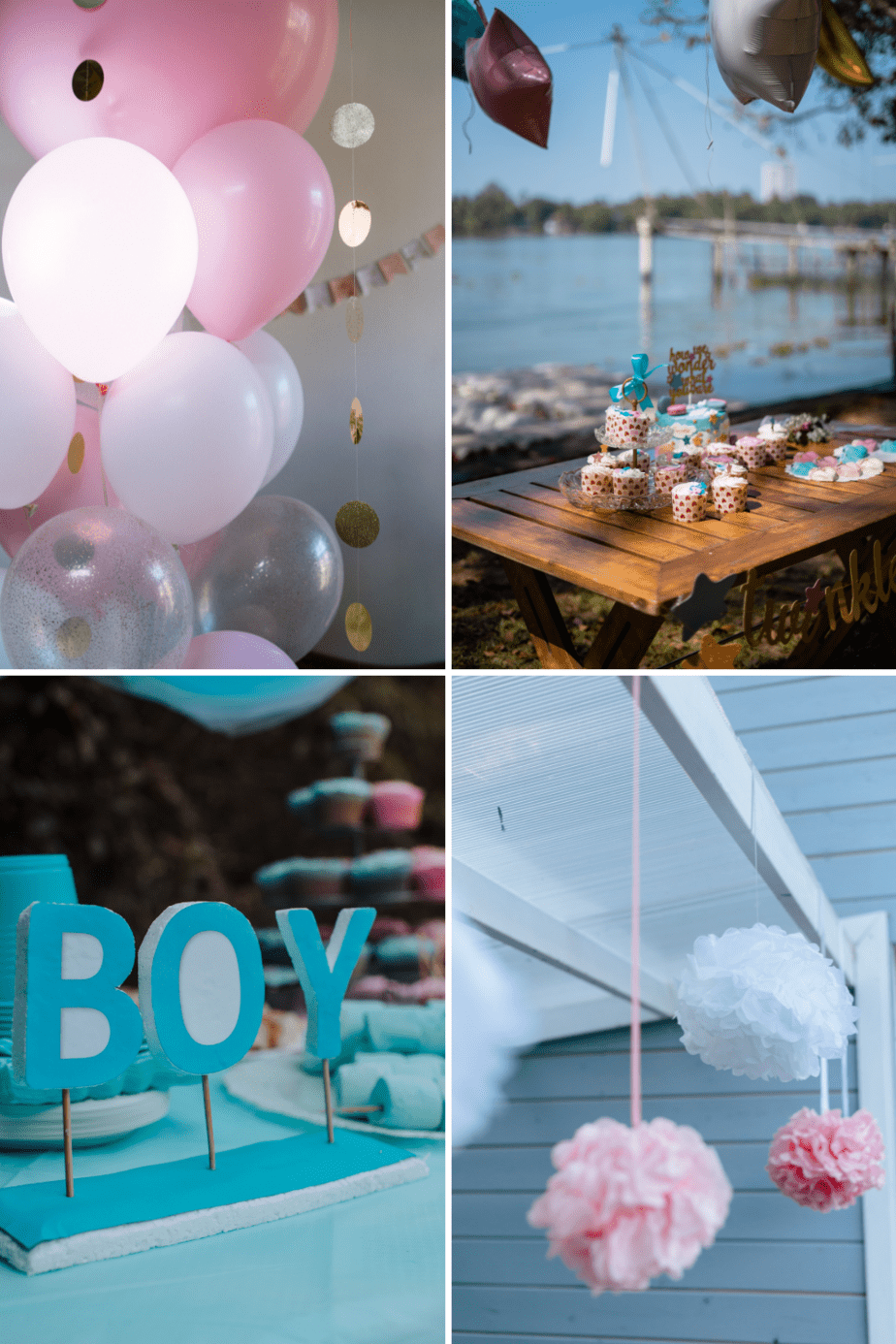 Baby shower on a budget decoration ideas: balloons, pom-poms, flowers, and color themes.