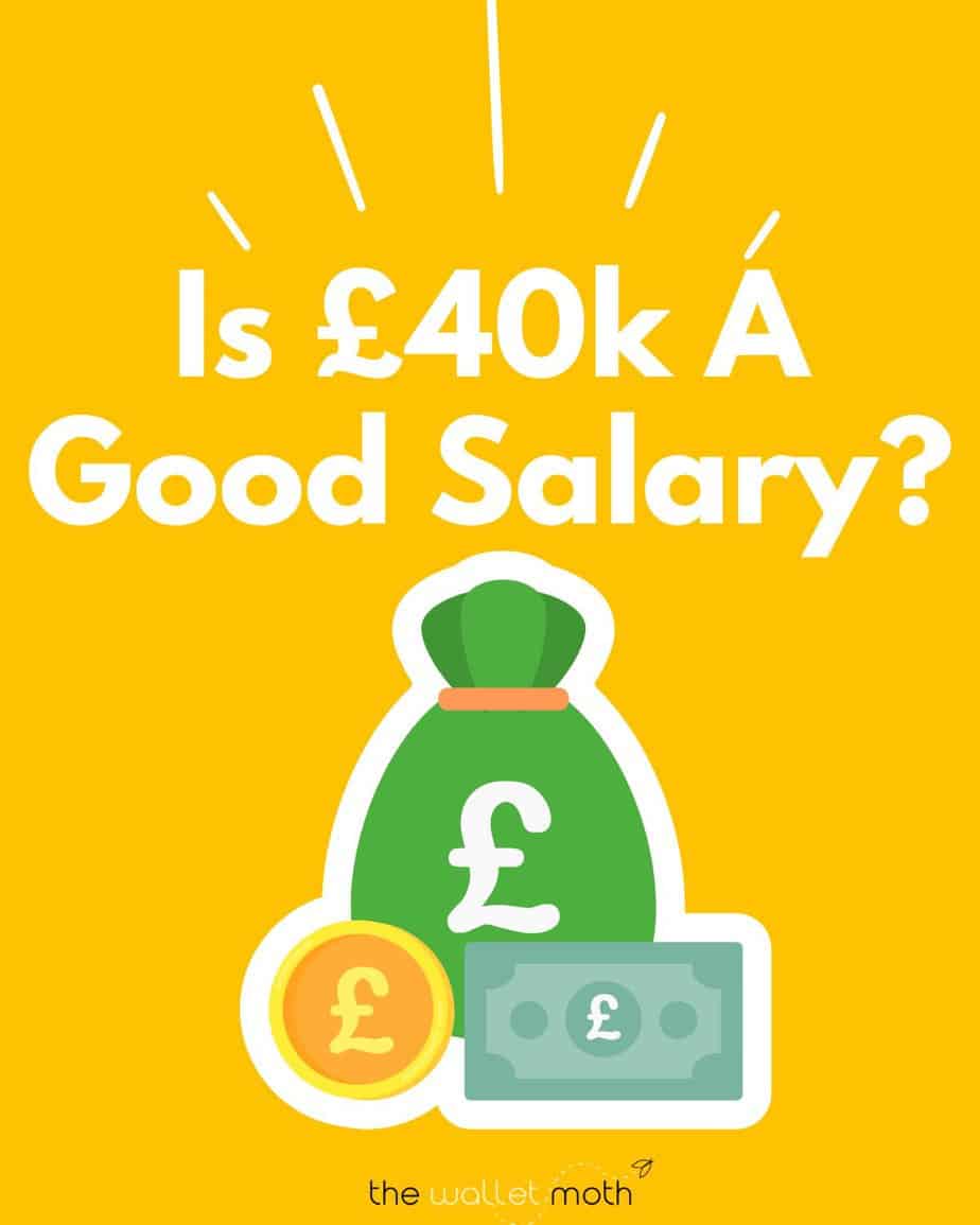 A yellow background with write text that says "Is £40k A Good Salary?" Some graphics of GBP money is below the image.