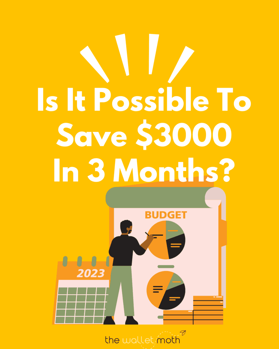 yellow background with the text "how to save $3000 in three months"